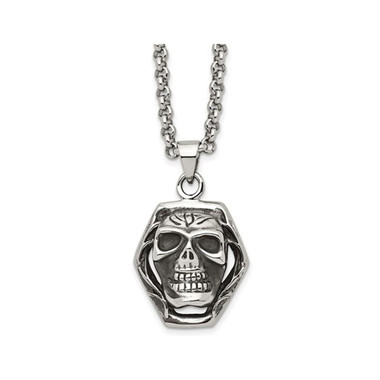 Stainless Steel Antiqued and Polished Skull Pendant Necklace  product image