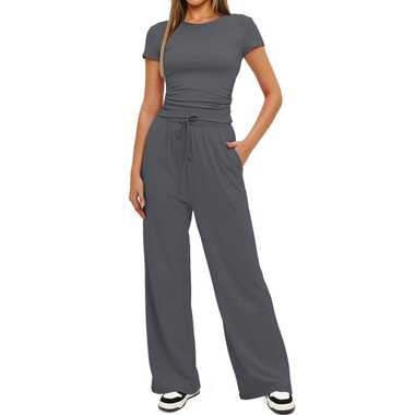  Women's Ruched Short Sleeve Top and Wide Leg Pants (2 Piece Set) product image