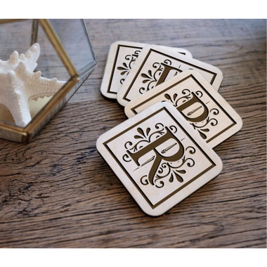 Engraved 'Floral Initial' Wood Coasters (Set of 4) product image