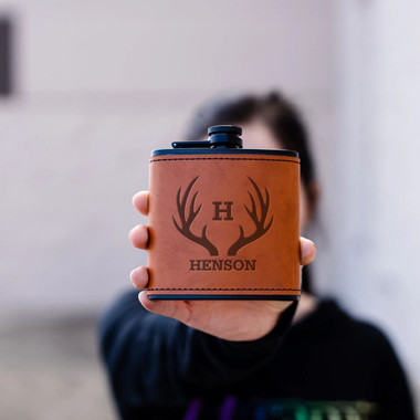 Personalized Leather Wrapped Black Flasks product image