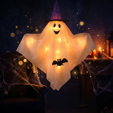 Hanging Lighted Ghost with Wizard Hat product image