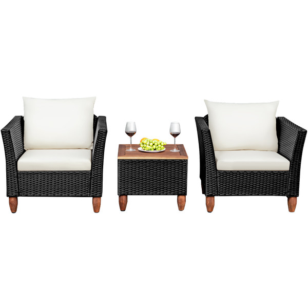 3-Piece Outdoor Patio Black Rattan Wood Chair Set with White Cushions product image