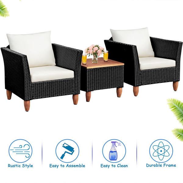3-Piece Outdoor Patio Black Rattan Wood Chair Set with White Cushions product image