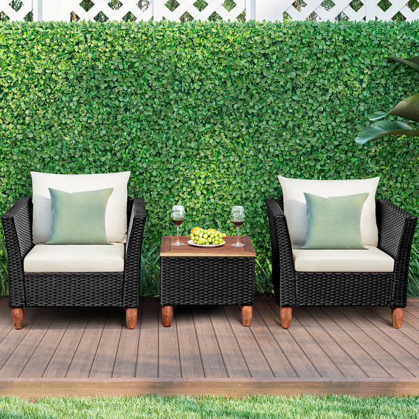 3-Piece Outdoor Patio Black Rattan Wood Chair Set with White Cushions product image