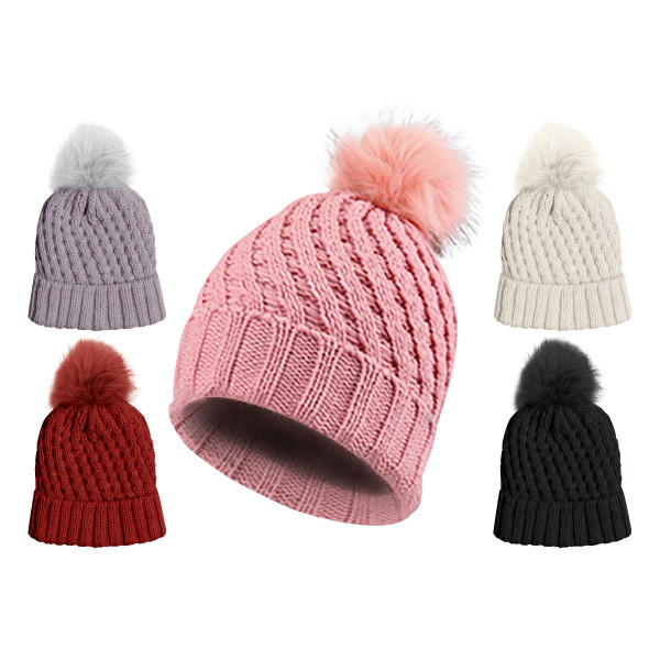 Women's Warm Knit Cuff Pom-Pom Beanie with Faux Fur Lining (2-Pack) product image