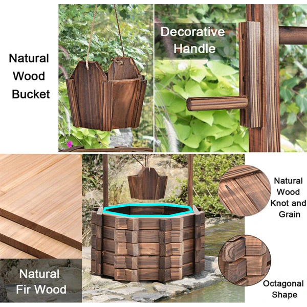 Outdoor Wooden Wishing Well Bucket Planter product image