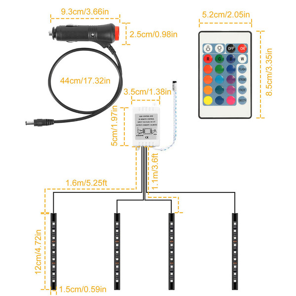 36-LED Multicolor 12V Car Atmosphere Light Strips with Remote product image