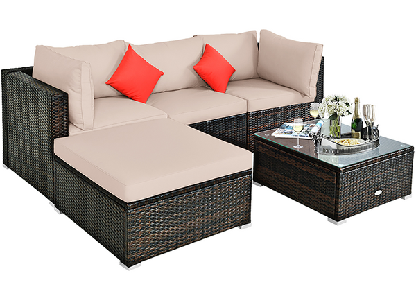 Rattan 5-Piece Outdoor Sectional Patio Set with Beige Cushions product image