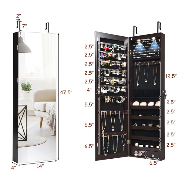 Wall- or Door-Mounted Jewelry Organizer with Mirror & 2 LEDs product image