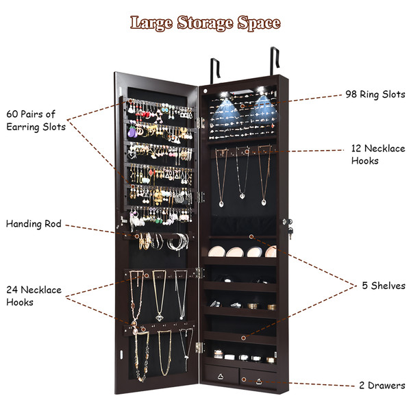 Wall- or Door-Mounted Jewelry Organizer with Mirror & 2 LEDs product image