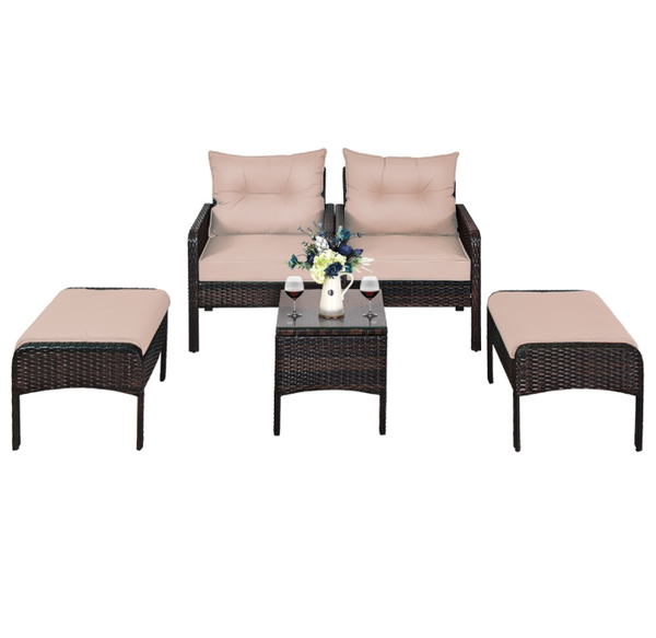 Rattan 5-Piece Patio Furniture Set with Chairs, Ottomans and Table product image