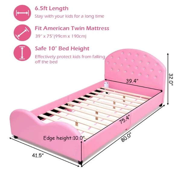 Pink Kids' Upholstered Platform Wooden Bed Frame product image