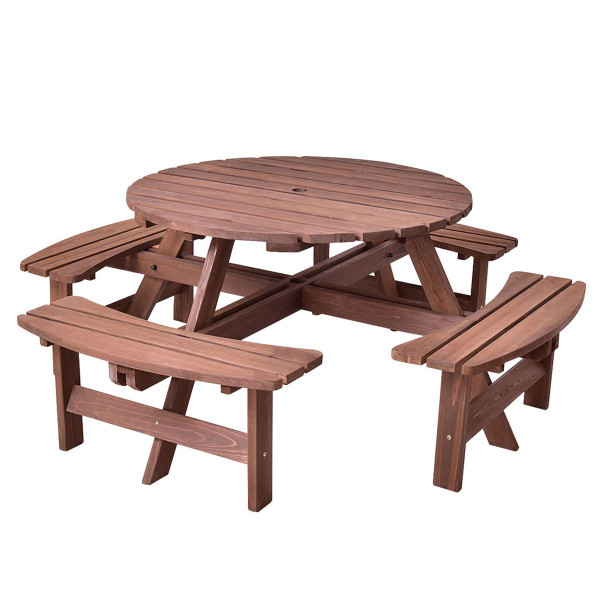 Outdoor Wood 8-Seat Round Picnic Table Set product image