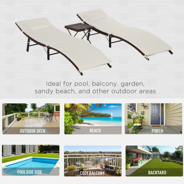 3-Piece Foldable PE Rattan Patio Chaise Lounge Chair with Cushions and Side Table product image