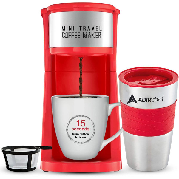 AdirChef Mini Single Serve Coffee Maker & 15 oz. Travel Mug & Reusable Filter product image