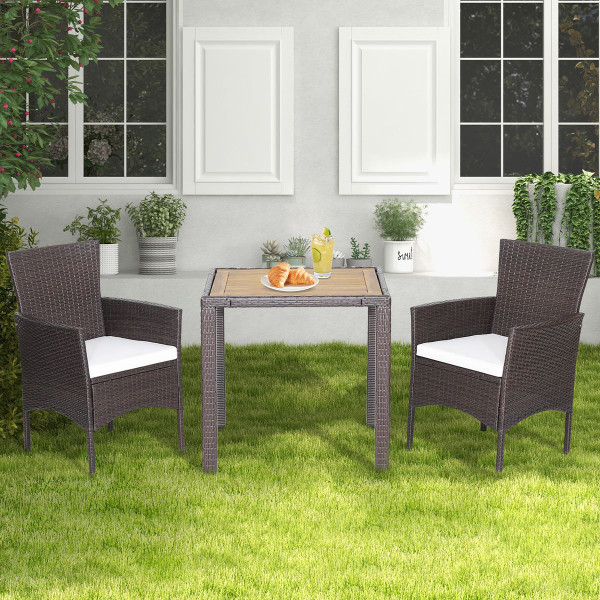 3-Piece Patio Wicker Furniture Set with Acacia Wood Tabletop & Chair Cushions product image