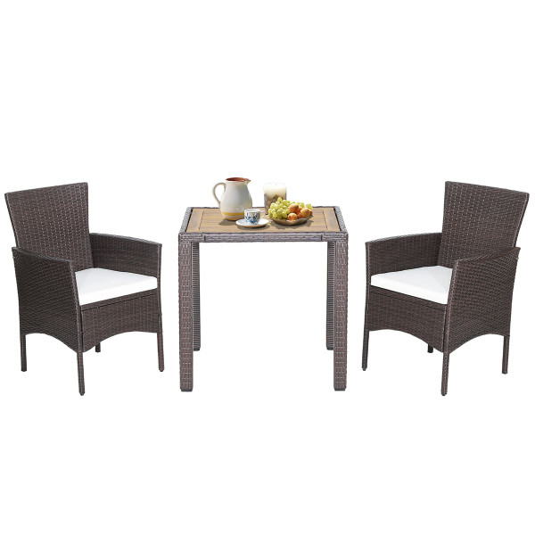 3-Piece Patio Wicker Furniture Set with Acacia Wood Tabletop & Chair Cushions product image