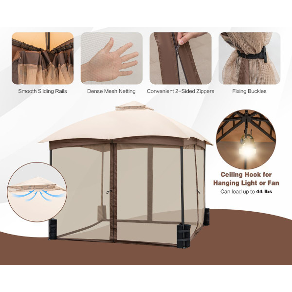 10 x 10-Foot Patio Double-Vent Gazebo with Privacy Netting & 4 Sandbags product image