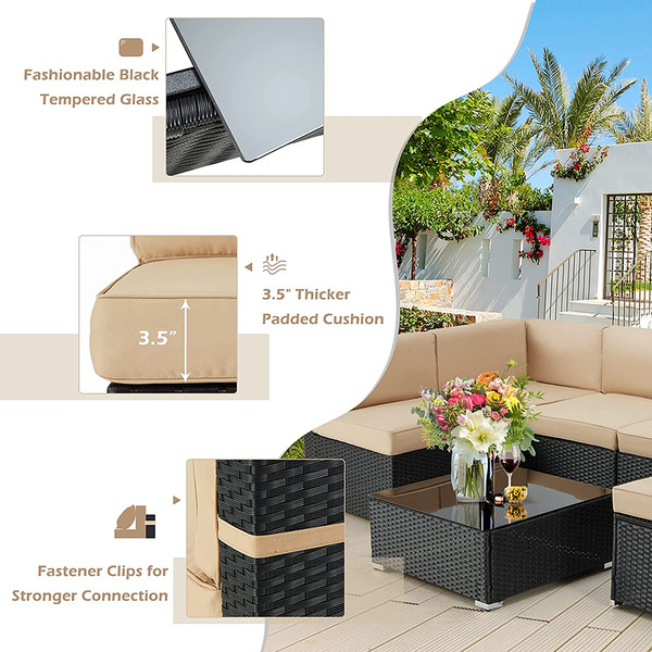 Rattan 7-Piece Patio Sofa Set with Glass Top Table product image