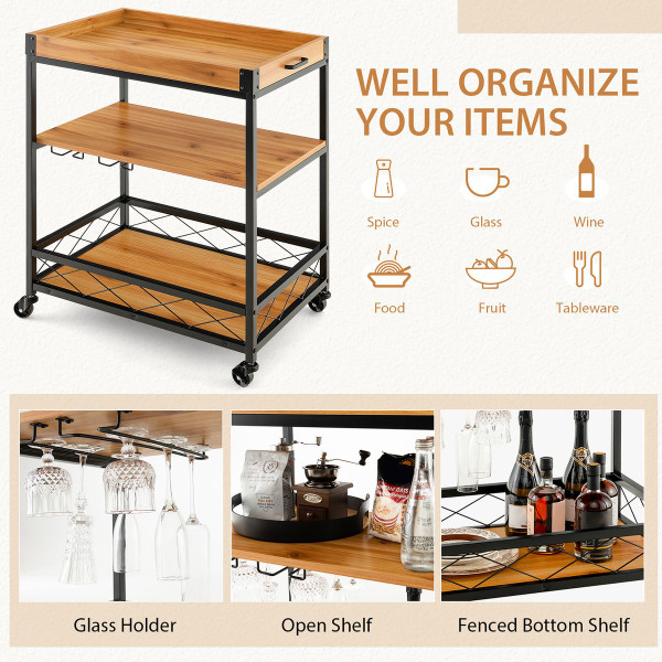 3-Tier Industrial Bar Serving Cart with Utility Shelf & Handle Racks product image