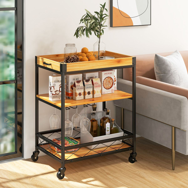 3-Tier Industrial Bar Serving Cart with Utility Shelf & Handle Racks product image