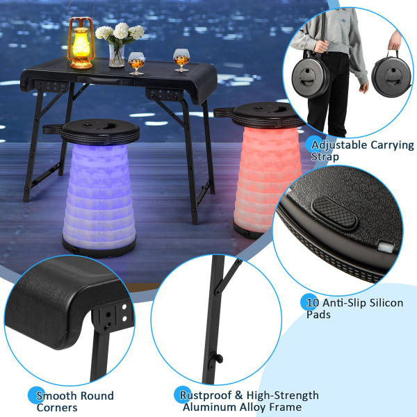 3-Piece Folding Camping Table Stool Set with 2 Retractable LED Stools product image