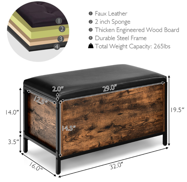 Black Vinyl Padded Wooden Storage Bench product image