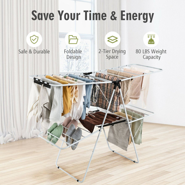 2-Level Foldable Clothes Drying Rack with Adjustable Gullwing product image