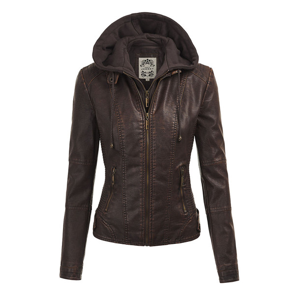 Women's Faux Leather Moto Jacket with Hoodie product image