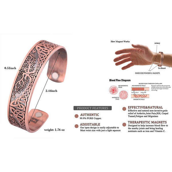 Adjustable Tree of Life Magnetic Therapy Copper Bracelet product image