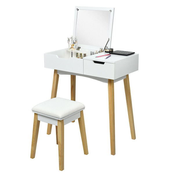 Wooden Vanity Table with Flip-Top Mirror and Cushioned Stool product image