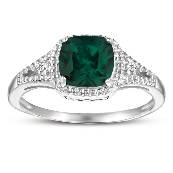 Sterling Silver 2.0CTW Cushion Cut Emerald & Diamond Accent Ring (Size 7) product image