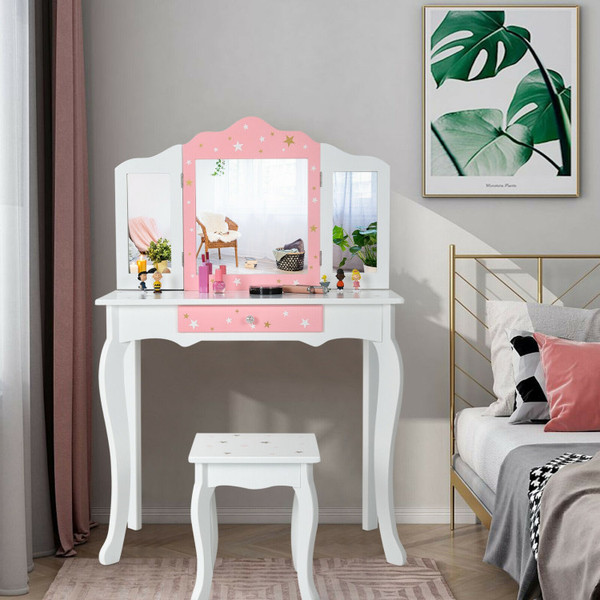 Kids' Princess Vanity Table & Stool Set with Tri-Folding Mirror & Drawer product image