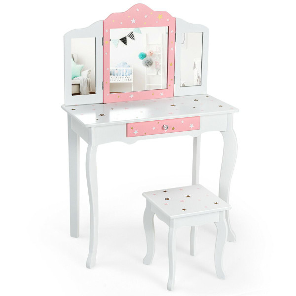 Kids' Princess Vanity Table & Stool Set with Tri-Folding Mirror & Drawer product image