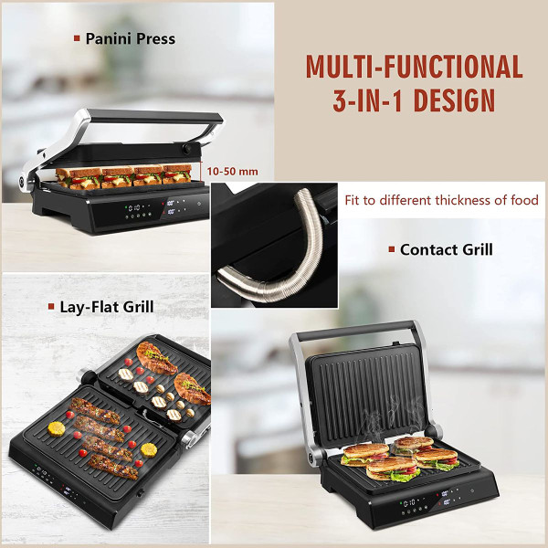 3-in-1 Electric Panini Press Grill with Non-Stick Coated Plates