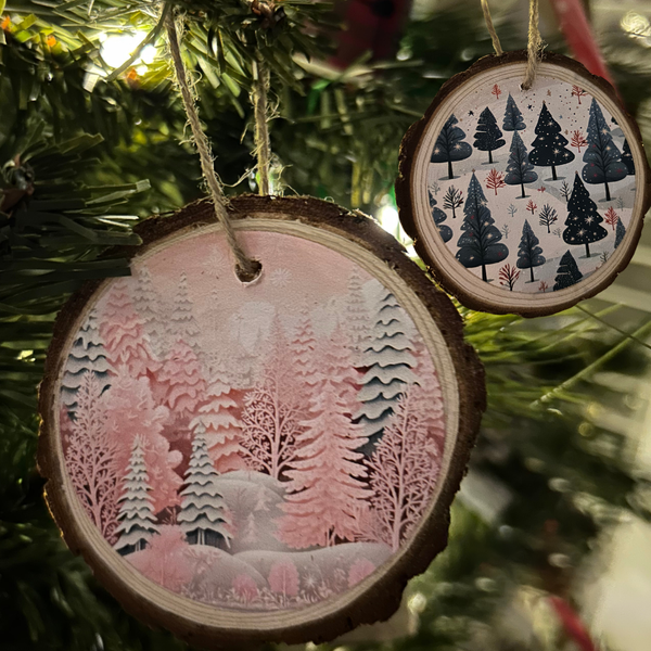 Wood Slice Ornament, Winter Trees 