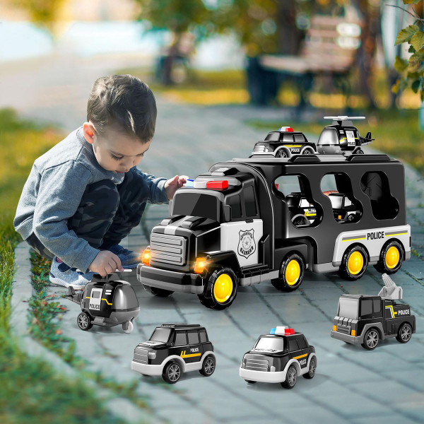 TEMI Police Truck Toys 5-in-1 Friction Power Emergency Vehicle Police Car Toy Carrier Truck Toys for Kids Ages 3+ product image