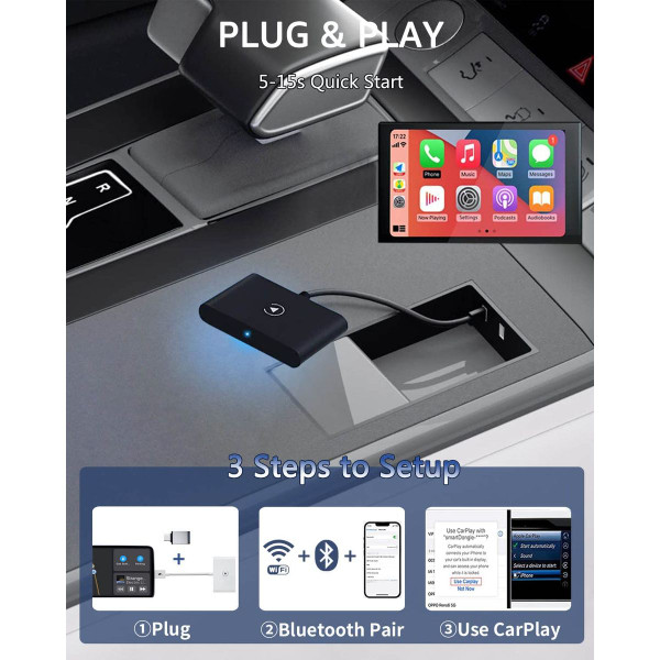 Apple Carplay Wireless Adapter, CarPlay Dongle for Factory Wired CarPlay  Cars, 2023 Upgrade Plug & Play Wired Convert Wireless CarPlay, Fast and  Easy