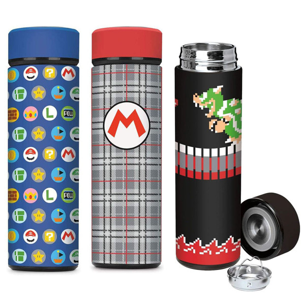 Super Mario Vacuum Insulated Stainless Steel Sport Water Bottle, Leak Proof, Wide Mouth, 17 oz, 500 ml Mario Plaid