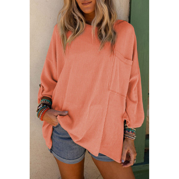 Women's Ribbed Roll-Tab Sleeve Chest Pocket Oversized Top product image