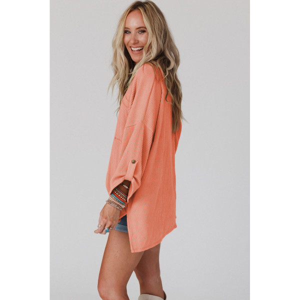 Women's Ribbed Roll-Tab Sleeve Chest Pocket Oversized Top product image