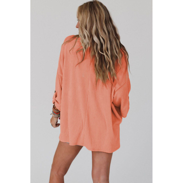 Women's Ribbed Roll-Tab Sleeve Chest Pocket Oversized Top product image