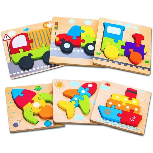 SKYFIELD 6-Piece Wooden Vehicle Puzzles – Montessori Learning (Assorted) product image