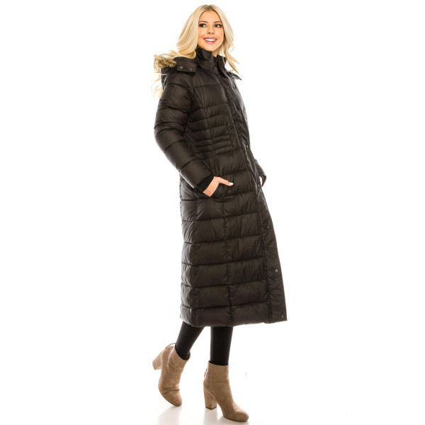  Women's Full Length Quilted Puffer Coat with Fur-Lined Hood product image