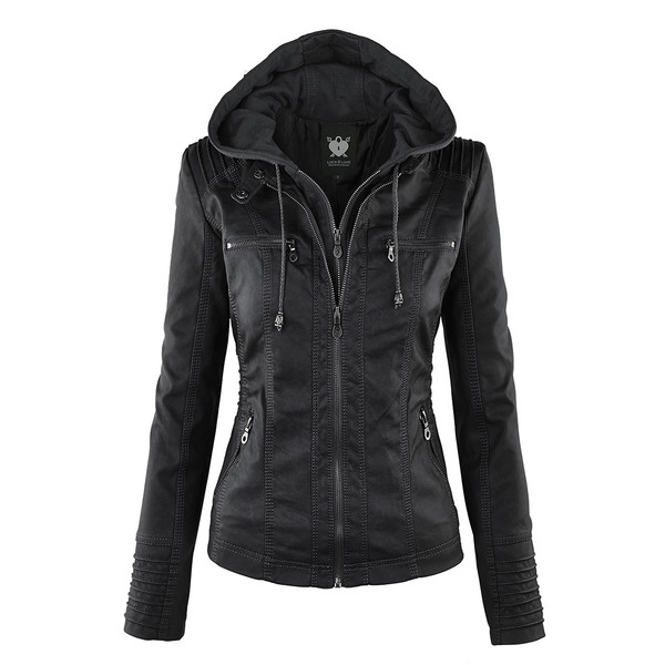 Women's Faux Leather Zippered Motorcycle Jacket with Hoodie product image