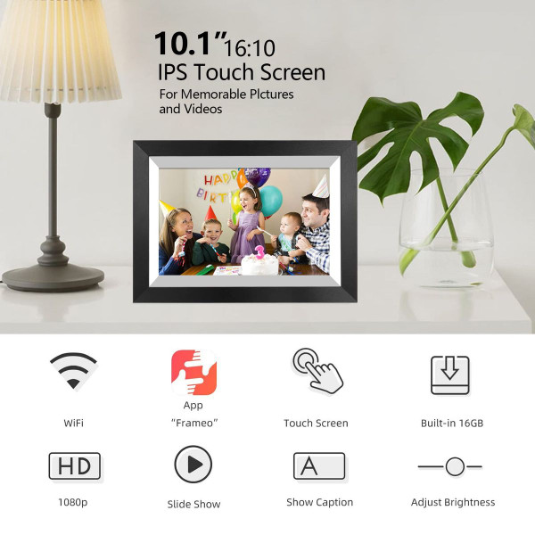 10.1 Inch Smart WiFi Digital Photo Frame 1280x800 IPS LCD Touch Screen,Auto-Rotate Portrait and Landscape,Built in 16GB Memory,Share Moments Instantly via Frameo App from Anywhere (Black Wooden Frame) product image