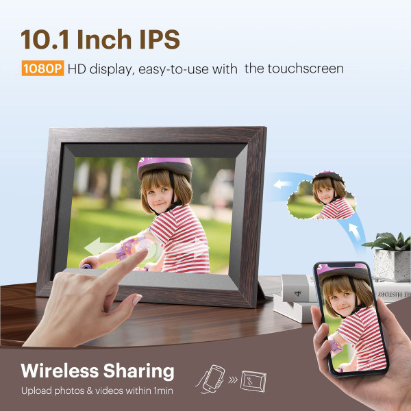 10.1 Inch Smart WiFi Digital Photo Frame 1280x800 IPS LCD Touch Screen,Auto-Rotate Portrait and Landscape,Built in 16GB Memory,Share Moments Instantly via Frameo App from Anywhere (All Black Wooden Frame) product image