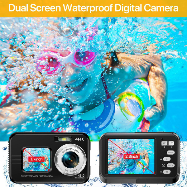 Underwater Cameras,4K Waterproof Digital Camera 48 MP Autofocus Function Selfie Dual Screens with 16X Digital Zoom Compact Portable 11FT Underwater Camera for Snorkeling,Waterproof,2 battery (Black) product image