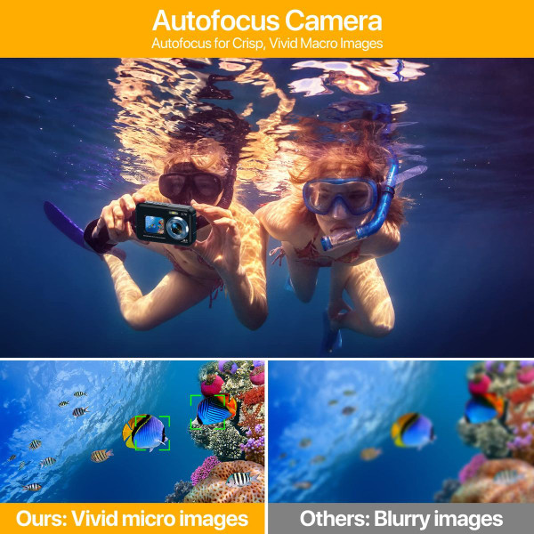 Underwater Cameras,4K Waterproof Digital Camera 48 MP Autofocus Function Selfie Dual Screens with 16X Digital Zoom Compact Portable 11FT Underwater Camera for Snorkeling,Waterproof,2 battery (Black) product image