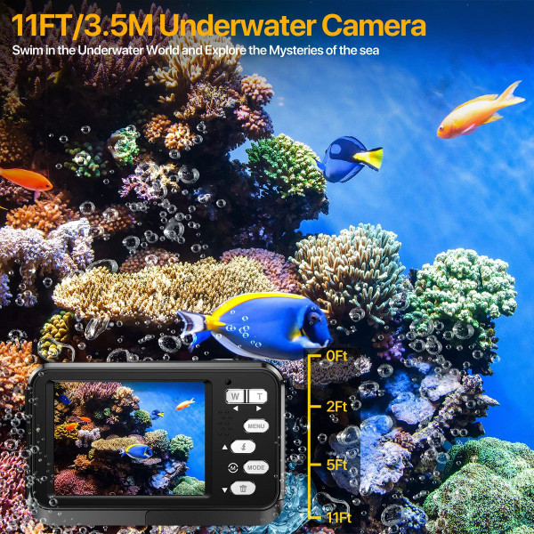 Underwater Cameras,4K Waterproof Digital Camera 48 MP Autofocus Function Selfie Dual Screens with 16X Digital Zoom Compact Portable 11FT Underwater Camera for Snorkeling,Waterproof,2 battery (Black) product image